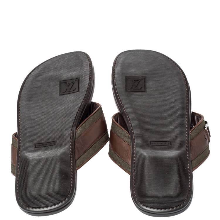 Pre Owned Louis Vuitton Brown Leather And Canvas Hamptons Thong Sandals Size 41.5