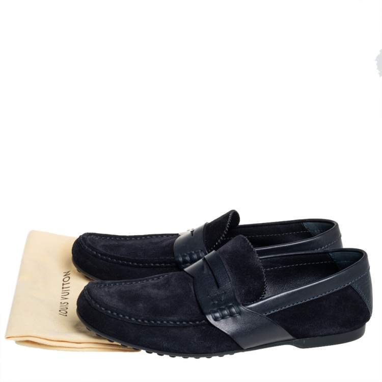 Pre Owned Louis Vuitton Navy Blue Suede Penny Loafers Size 41