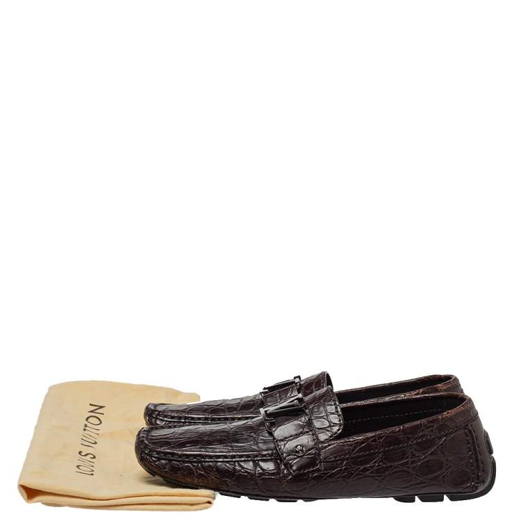 Pre Owned Louis Vuitton Brown Crocodile Leather Monte Carlo Slip On Loafers Size 41.5