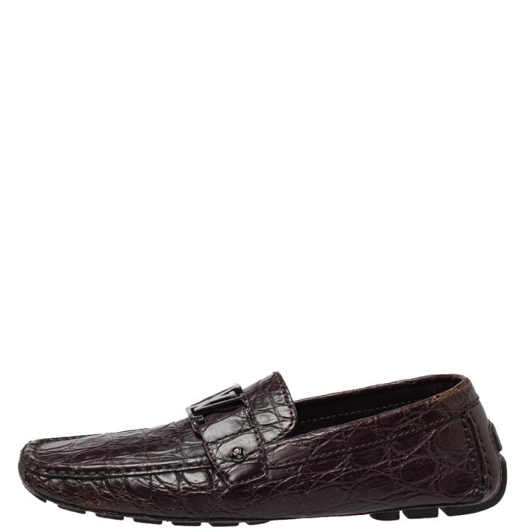 Pre Owned Louis Vuitton Brown Crocodile Leather Monte Carlo Slip On Loafers Size 41.5