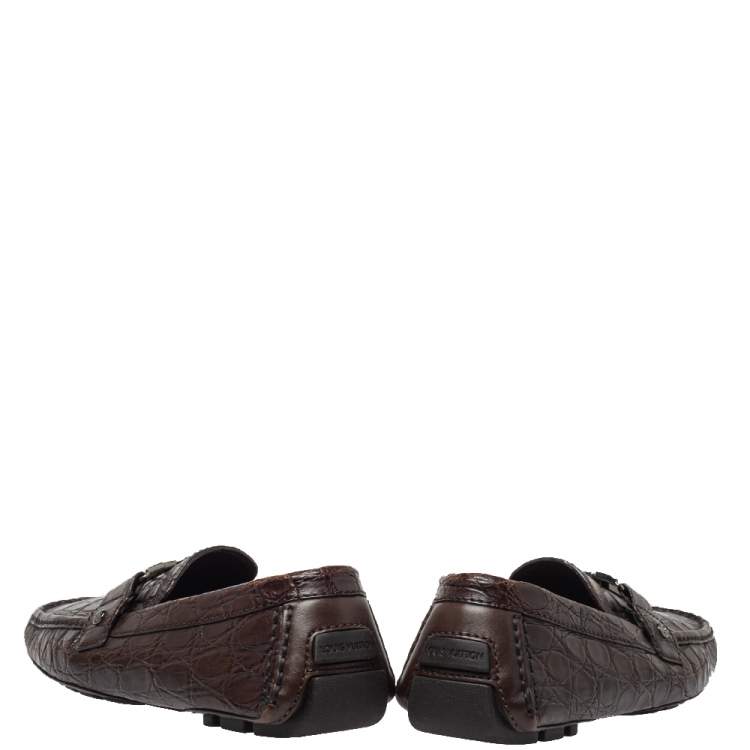 Pre Owned Louis Vuitton Brown Crocodile Leather Monte Carlo Slip On Loafers Size 41.5
