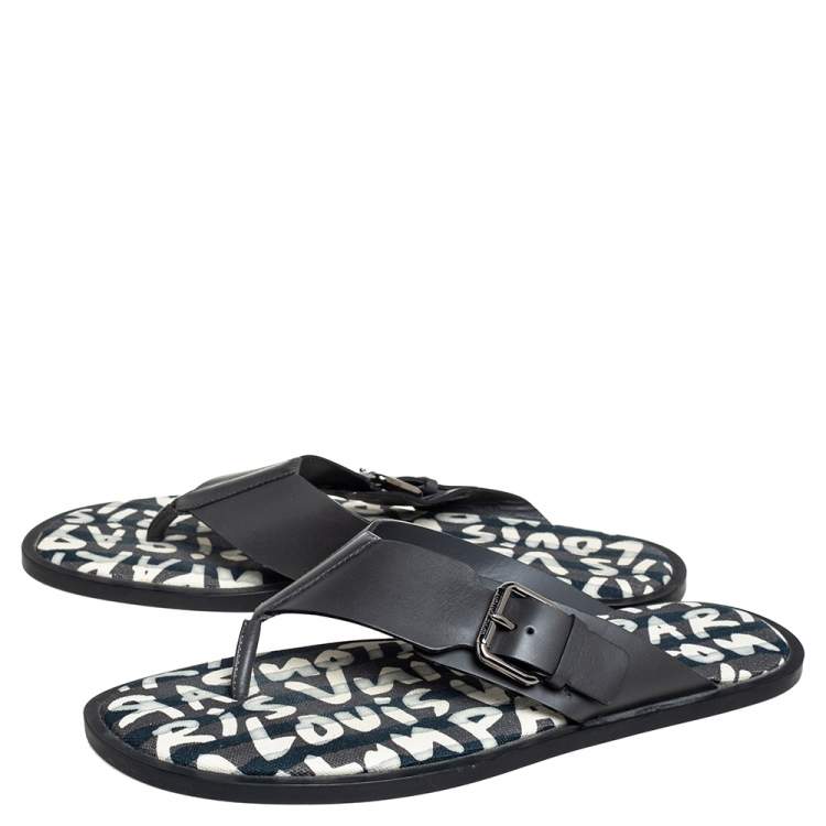 Pre Owned Louis Vuitton Black Leather Thong Sandals Size 41.5