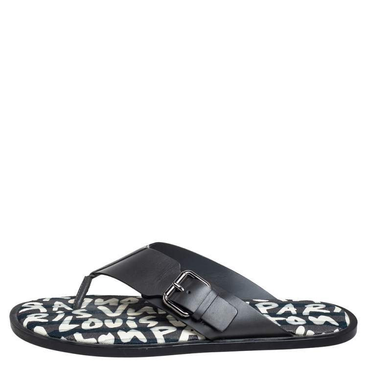 Pre Owned Louis Vuitton Black Leather Thong Sandals Size 41.5