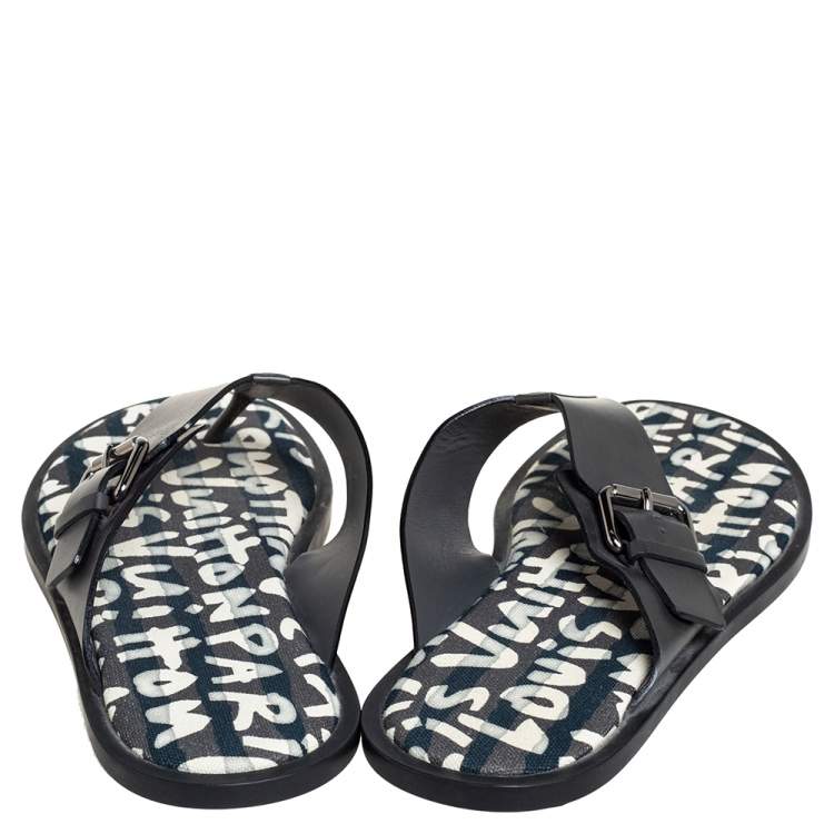 Pre Owned Louis Vuitton Black Leather Thong Sandals Size 41.5