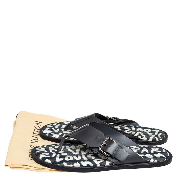 Pre Owned Louis Vuitton Black Leather Thong Sandals Size 41.5