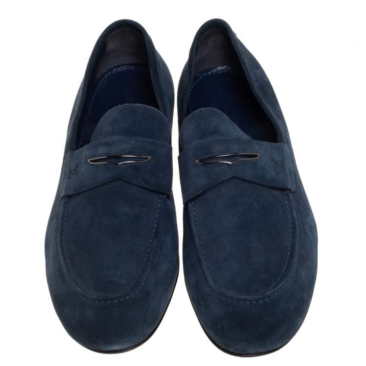 Pre Owned Louis Vuitton Dark Teal Blue Suede Penny Loafers Size 43.5