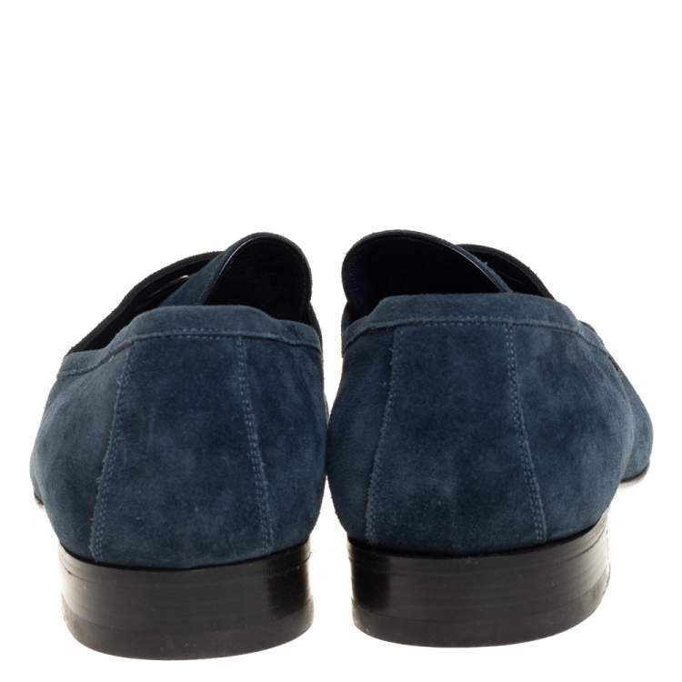 Pre Owned Louis Vuitton Dark Teal Blue Suede Penny Loafers Size 43.5