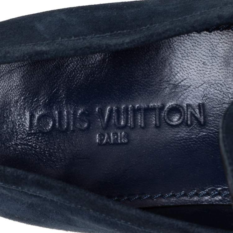 Pre Owned Louis Vuitton Dark Teal Blue Suede Penny Loafers Size 43.5