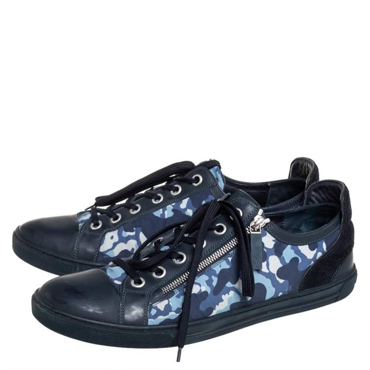 Pre Owned Louis Vuitton Blue Camouflage Nylon And Suede Cap Toe Low Top Sneakers Size 43.5