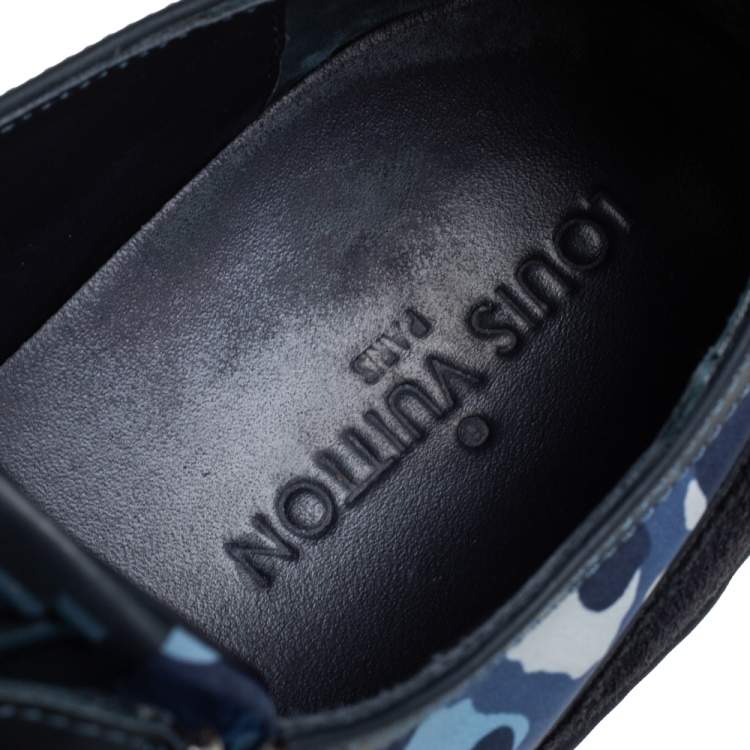 Pre Owned Louis Vuitton Blue Camouflage Nylon And Suede Cap Toe Low Top Sneakers Size 43.5