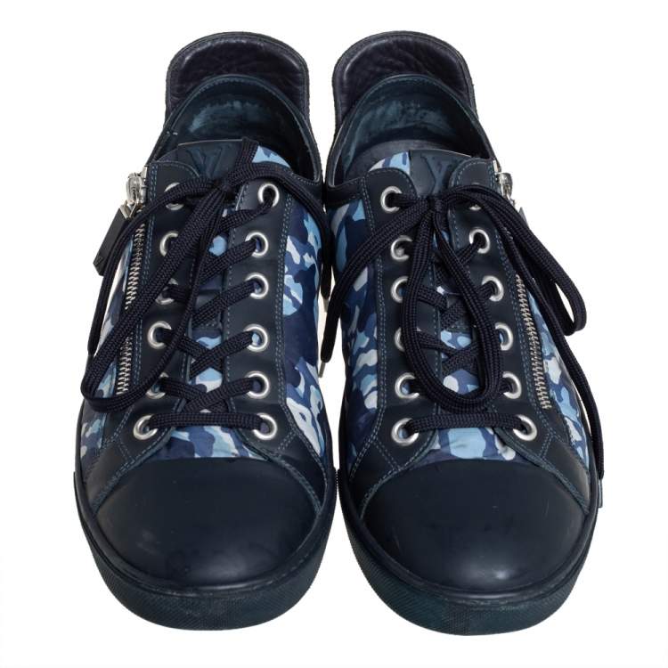Pre Owned Louis Vuitton Blue Camouflage Nylon And Suede Cap Toe Low Top Sneakers Size 43.5