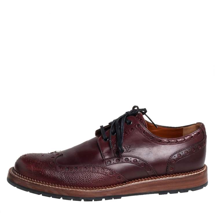 Pre Owned Louis Vuitton Burgundy Brogue Leather Lace Up Derby Size 43