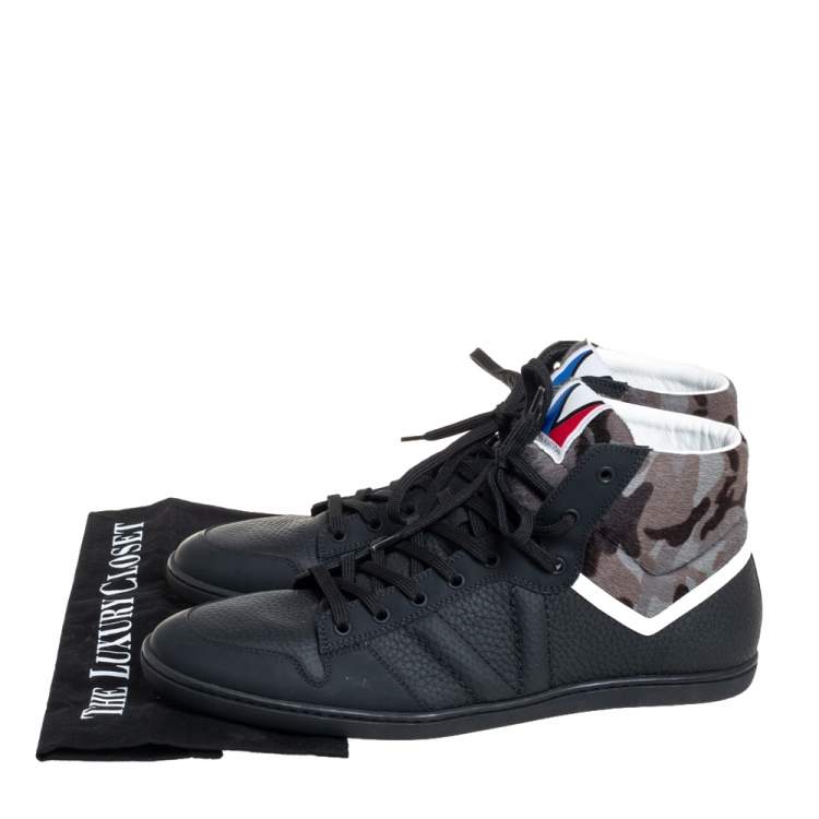 Pre Owned Louis Vuitton Black Leather And Camouflage Print Calf Hair High Top Sneakers Size 43
