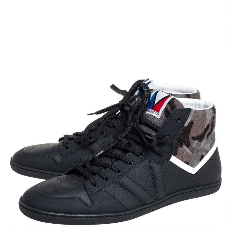 Pre Owned Louis Vuitton Black Leather And Camouflage Print Calf Hair High Top Sneakers Size 43