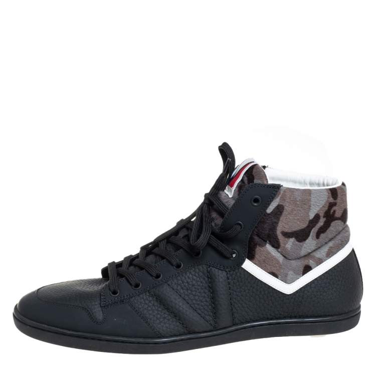 Pre Owned Louis Vuitton Black Leather And Camouflage Print Calf Hair High Top Sneakers Size 43
