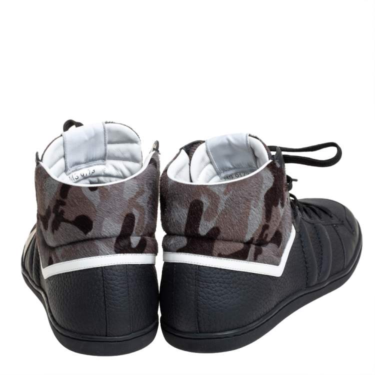 Pre Owned Louis Vuitton Black Leather And Camouflage Print Calf Hair High Top Sneakers Size 43