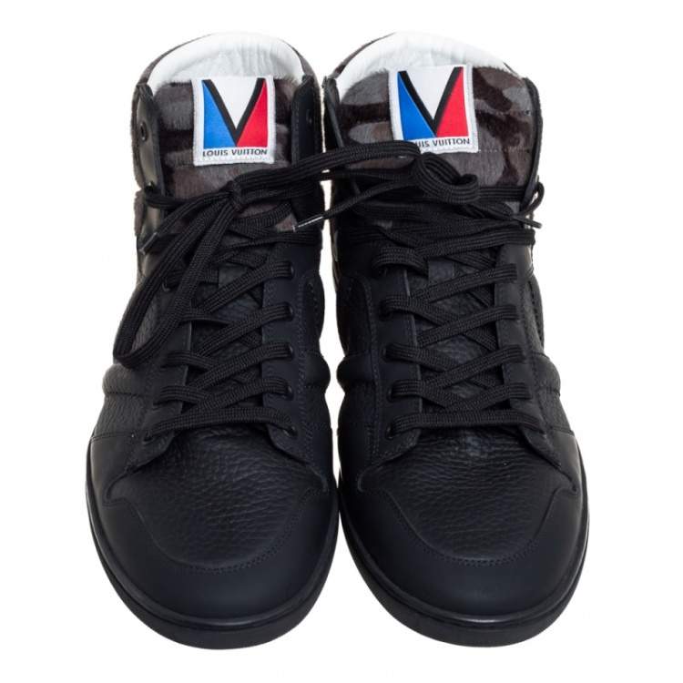 Pre Owned Louis Vuitton Black Leather And Camouflage Print Calf Hair High Top Sneakers Size 43