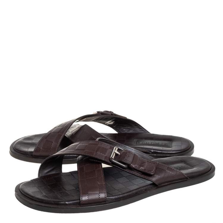 Pre Owned Louis Vuitton Brown Damier Leather Criss-Cross Flat Sandals Size 43