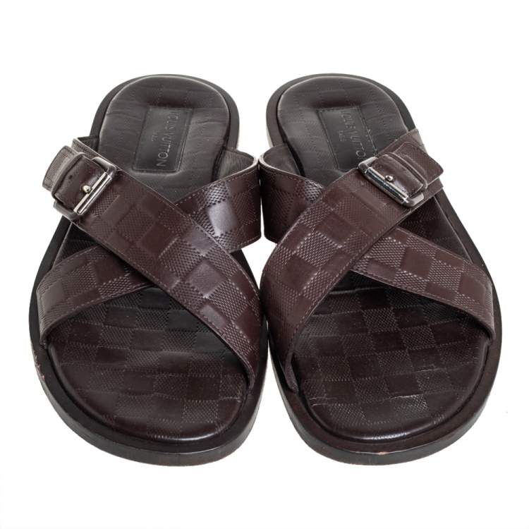 Pre Owned Louis Vuitton Brown Damier Leather Criss-Cross Flat Sandals Size 43