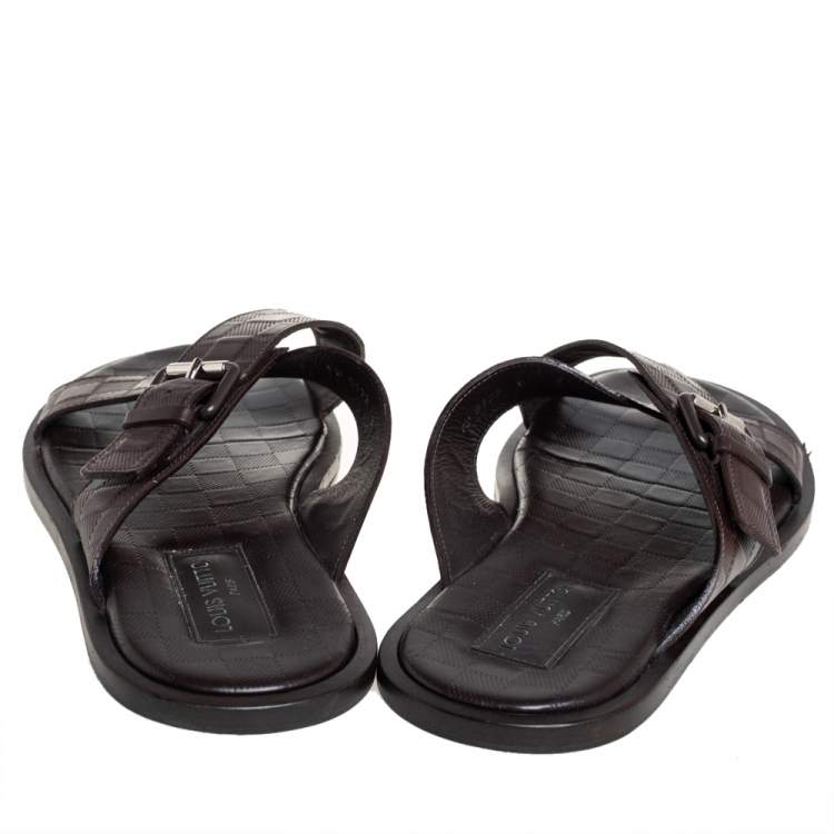 Pre Owned Louis Vuitton Brown Damier Leather Criss-Cross Flat Sandals Size 43