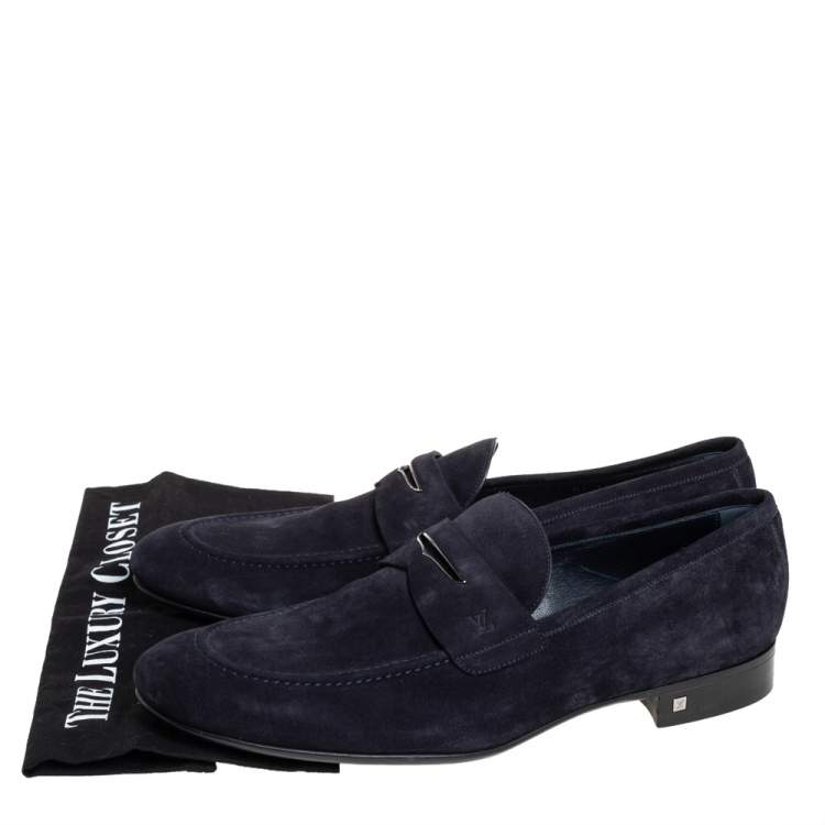Pre Owned Louis Vuitton Navy Blue Suede Leather Penny Slip On Loafers Size 43.5