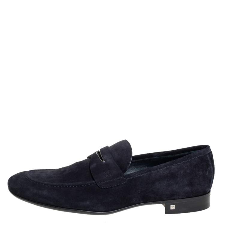 Pre Owned Louis Vuitton Navy Blue Suede Leather Penny Slip On Loafers Size 43.5
