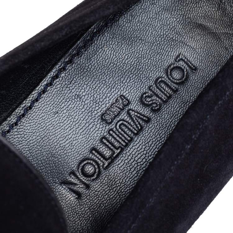 Pre Owned Louis Vuitton Navy Blue Suede Leather Penny Slip On Loafers Size 43.5