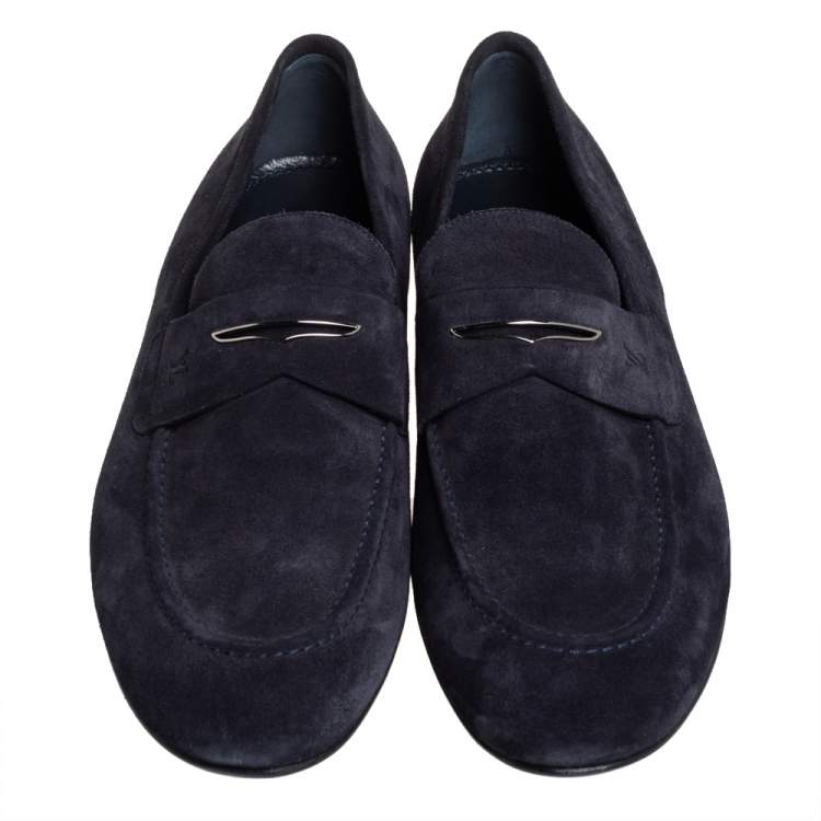 Pre Owned Louis Vuitton Navy Blue Suede Leather Penny Slip On Loafers Size 43.5