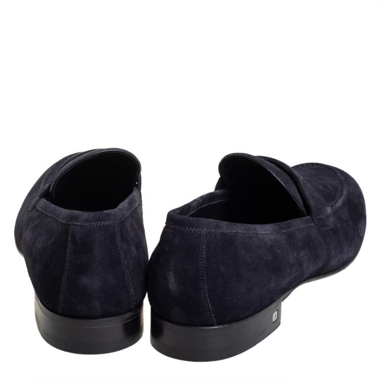 Pre Owned Louis Vuitton Navy Blue Suede Leather Penny Slip On Loafers Size 43.5
