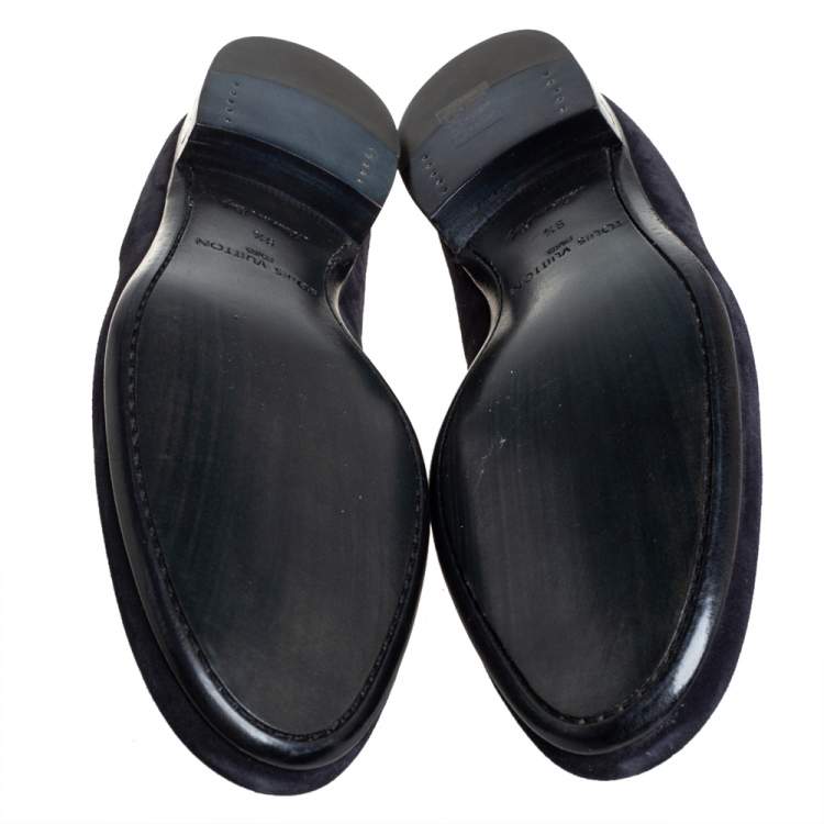 Pre Owned Louis Vuitton Navy Blue Suede Leather Penny Slip On Loafers Size 43.5