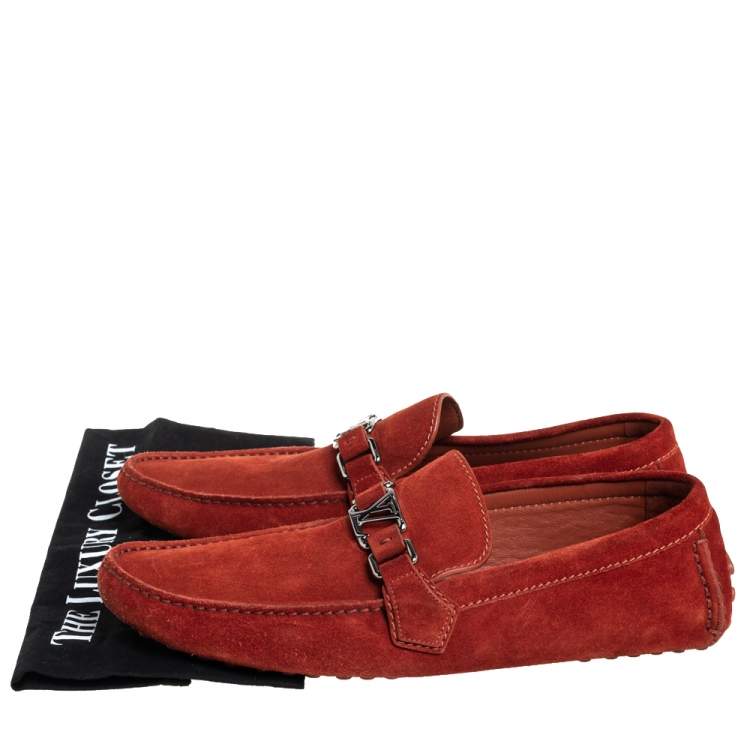 Pre Owned Louis Vuitton Red Suede Hockenheim Slip On Loafers Size 43
