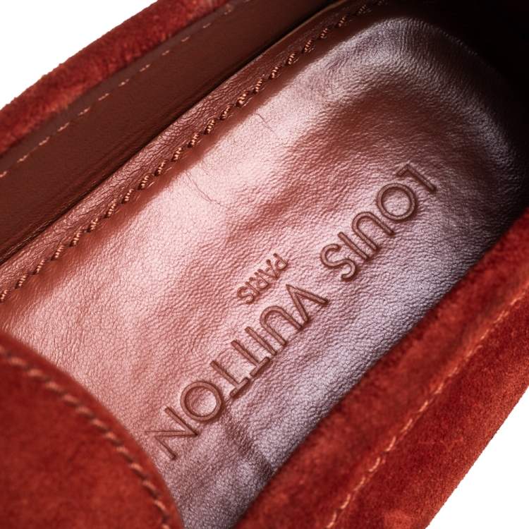 Pre Owned Louis Vuitton Red Suede Hockenheim Slip On Loafers Size 43
