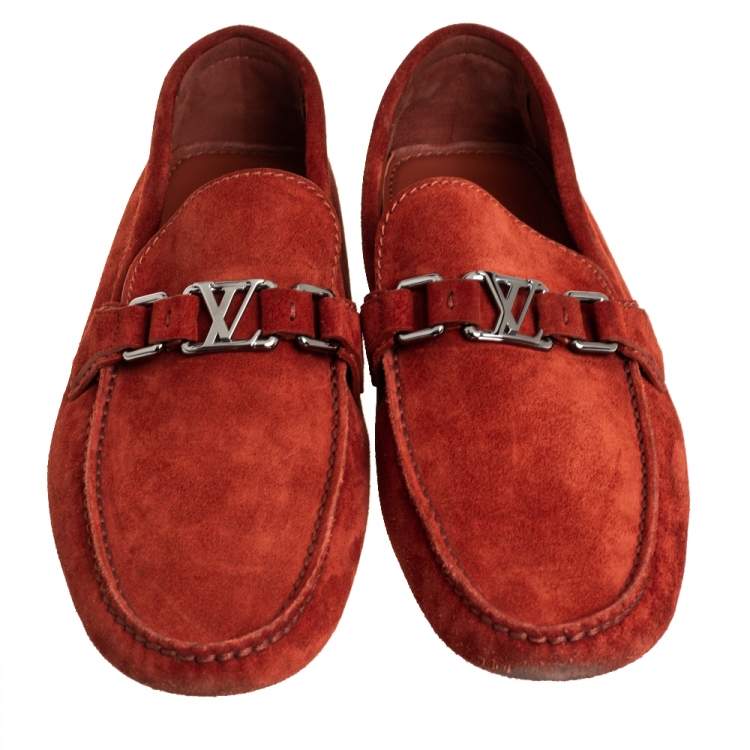 Pre Owned Louis Vuitton Red Suede Hockenheim Slip On Loafers Size 43