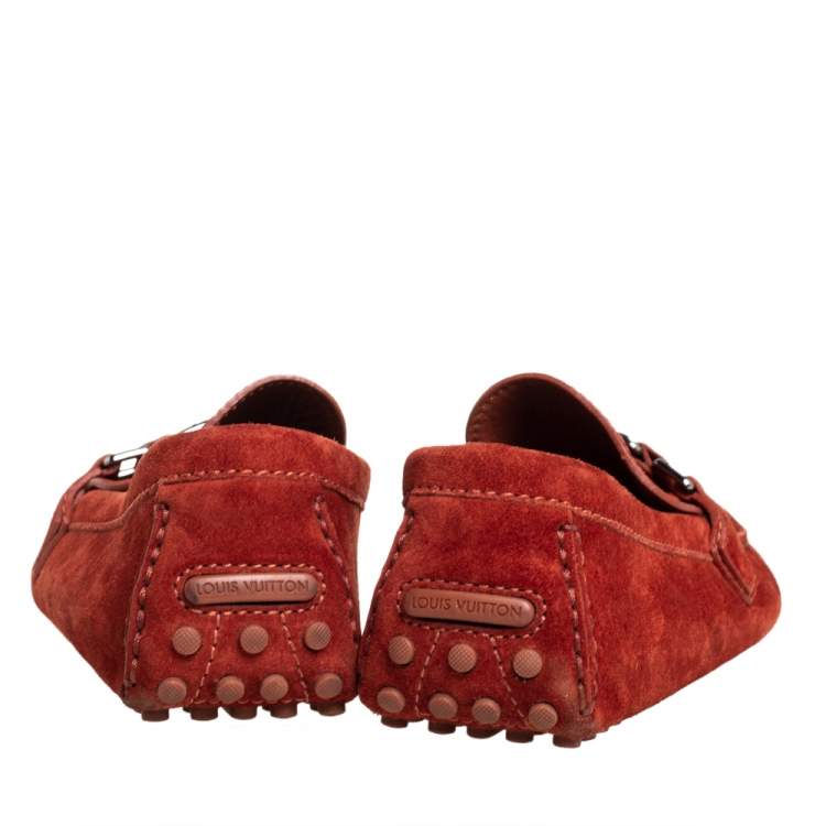 Pre Owned Louis Vuitton Red Suede Hockenheim Slip On Loafers Size 43