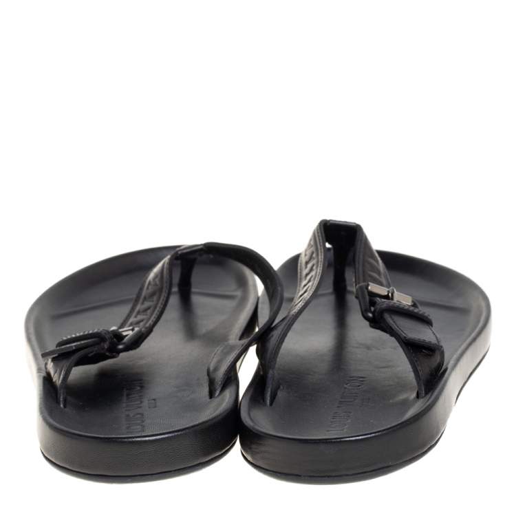 Pre Owned Louis Vuitton Black Monogram Embossed Leather Thong Flat Sandals Size 43.5