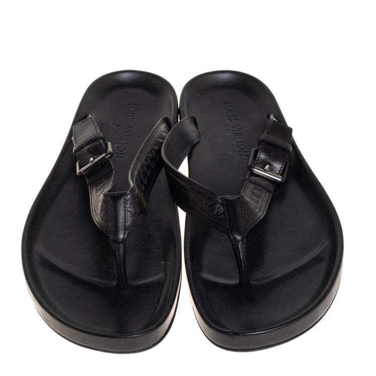 Pre Owned Louis Vuitton Black Monogram Embossed Leather Thong Flat Sandals Size 43.5