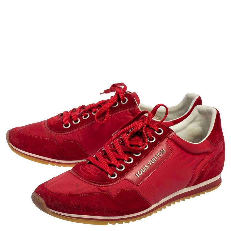 Pre Owned Louis Vuitton Red Suede And Nylon Low Top Sneakers Size 43.5