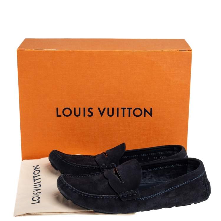 Pre Owned Louis Vuitton Navy Blue Damier Embossed Suede Penny Slip On Loafers Size 43