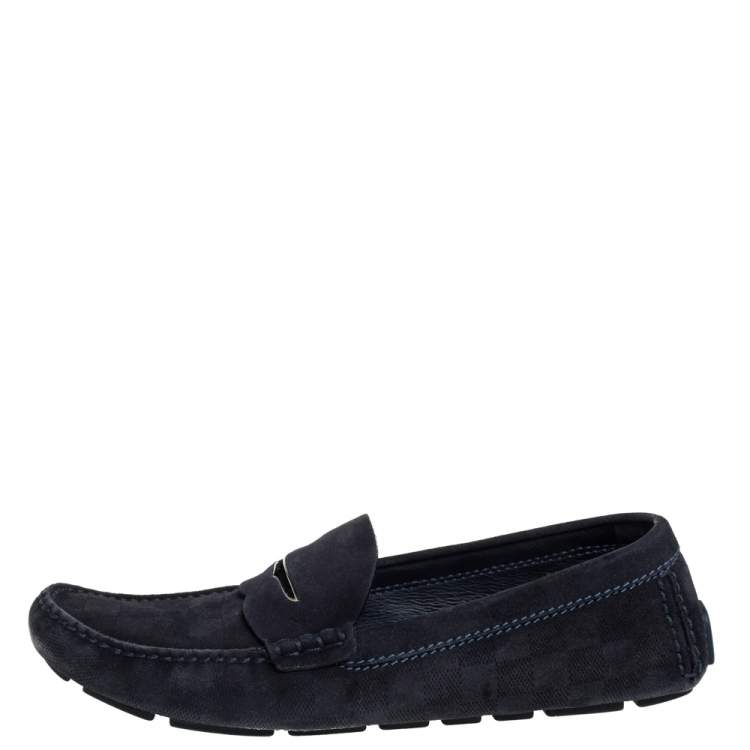Pre Owned Louis Vuitton Navy Blue Damier Embossed Suede Penny Slip On Loafers Size 43