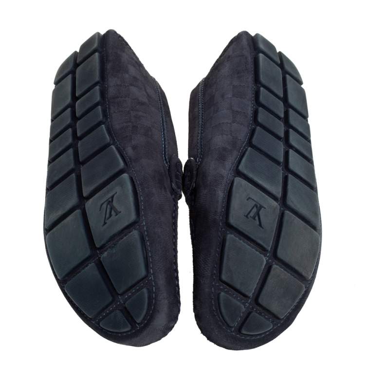 Pre Owned Louis Vuitton Navy Blue Damier Embossed Suede Penny Slip On Loafers Size 43