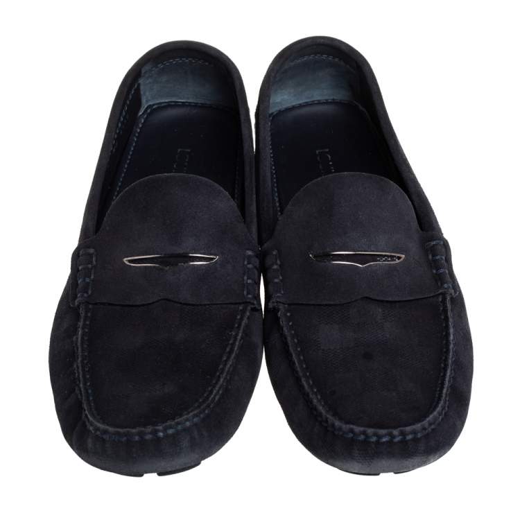 Pre Owned Louis Vuitton Navy Blue Damier Embossed Suede Penny Slip On Loafers Size 43