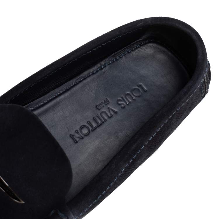 Pre Owned Louis Vuitton Navy Blue Damier Embossed Suede Penny Slip On Loafers Size 43