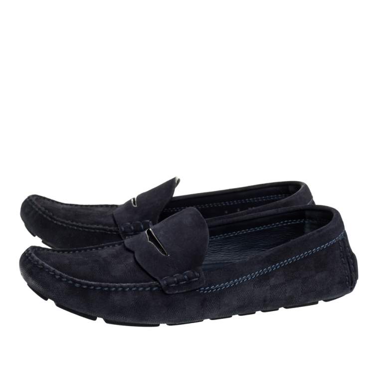 Pre Owned Louis Vuitton Navy Blue Damier Embossed Suede Penny Slip On Loafers Size 43