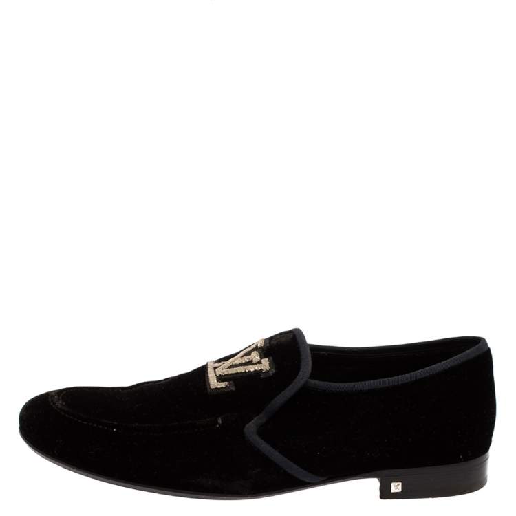Louis Vuitton Black Velvet Logo Embroidered Slip On Loafers Size 42.5