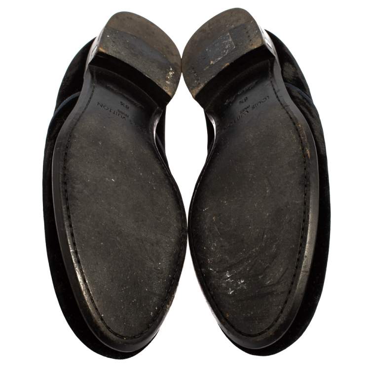 Pre Owned Louis Vuitton Black Velvet Logo Embroidered Slip On Loafers Size 42.5