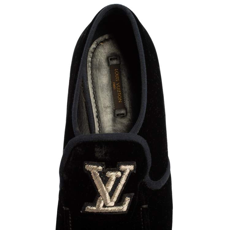 Pre Owned Louis Vuitton Black Velvet Logo Embroidered Slip On Loafers Size 42.5