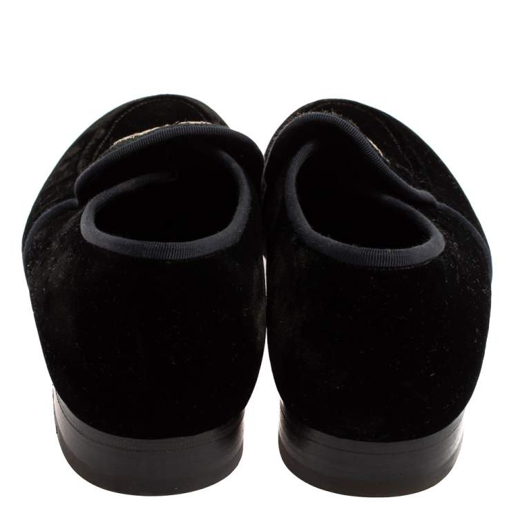 Pre Owned Louis Vuitton Black Velvet Logo Embroidered Slip On Loafers Size 42.5