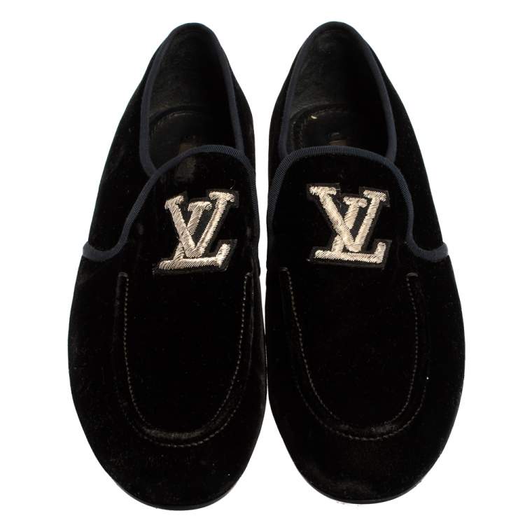 Pre Owned Louis Vuitton Black Velvet Logo Embroidered Slip On Loafers Size 42.5