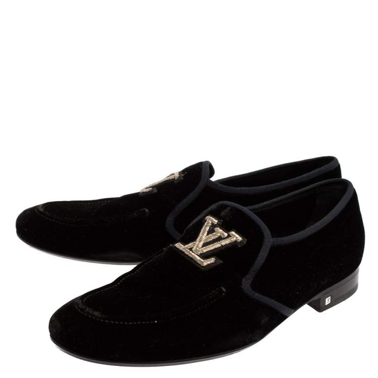 Pre Owned Louis Vuitton Black Velvet Logo Embroidered Slip On Loafers Size 42.5
