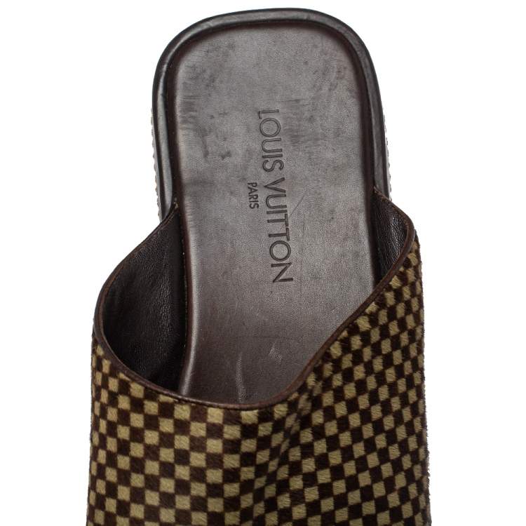 Pre Owned Louis Vuitton Brown/Beige Damier Pony Hair Slide Sandals Size 45